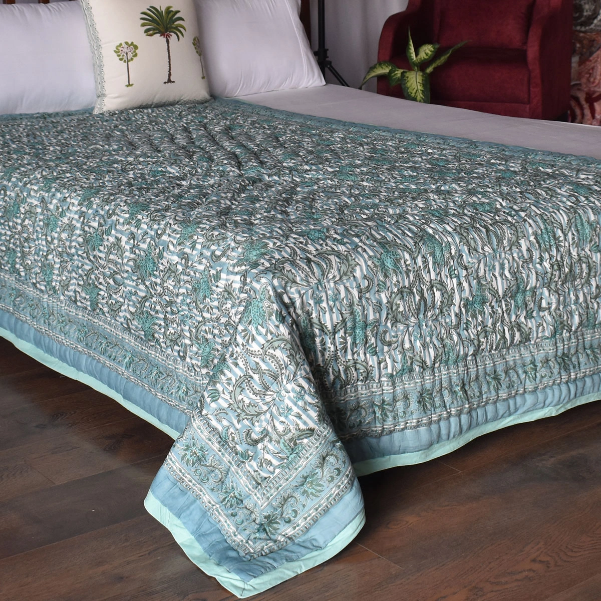 Hand Block Printed Cotton Twin Size Quilt Casper Blue Bale 260125