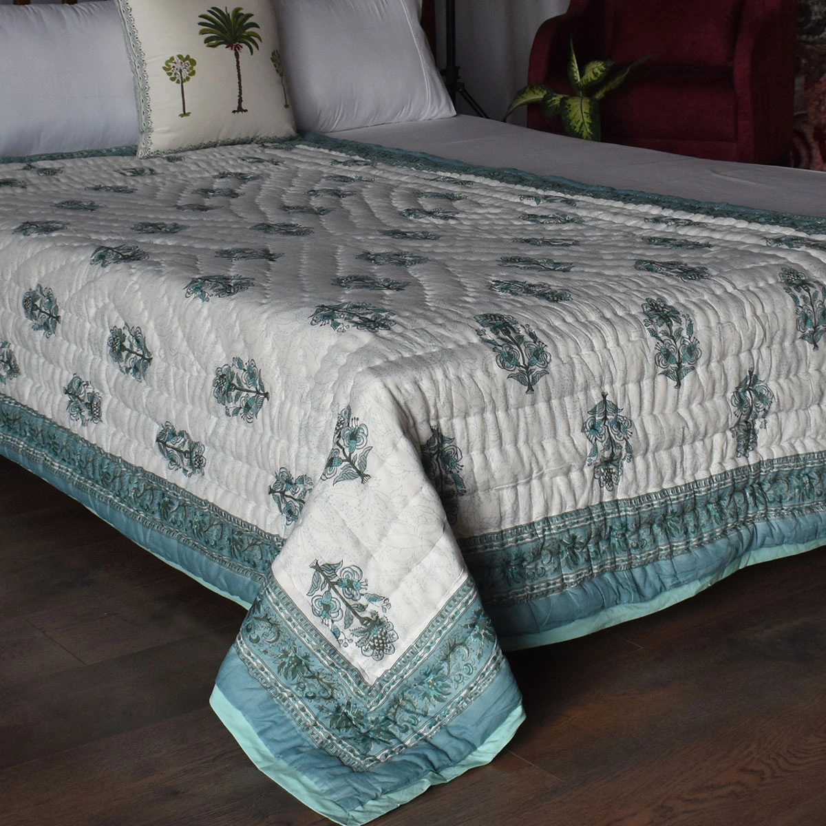 Hand Block Printed Cotton Twin Size Quilt Casper Blue Bale 260125