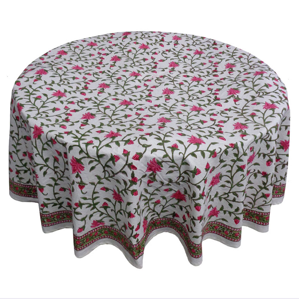 Hand Block Printed Cotton Round Tablecloth 220 cm Floral Bale Pink 103562