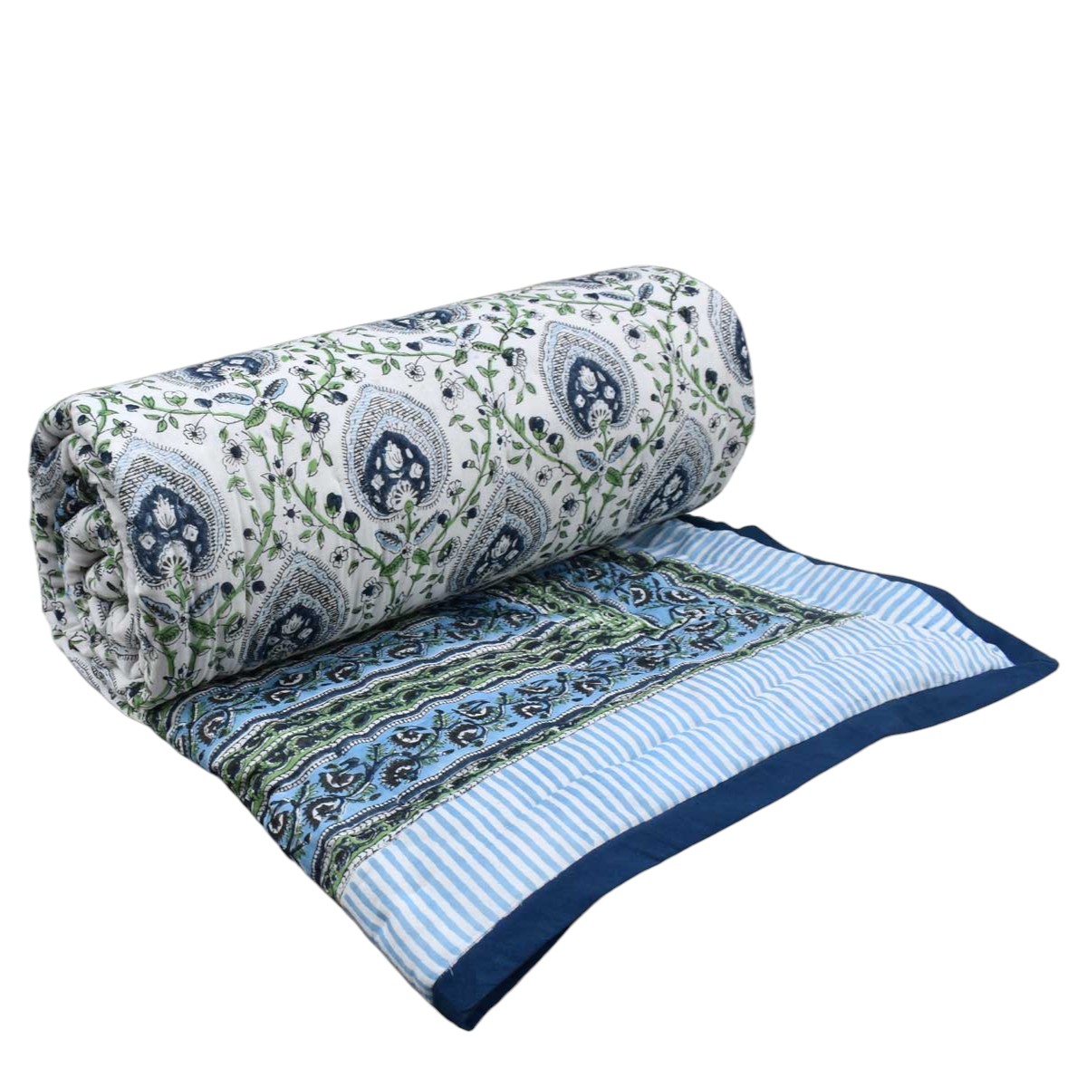 Hand Block Printed Twin Size Quilt Pan Leaf Blue 309622