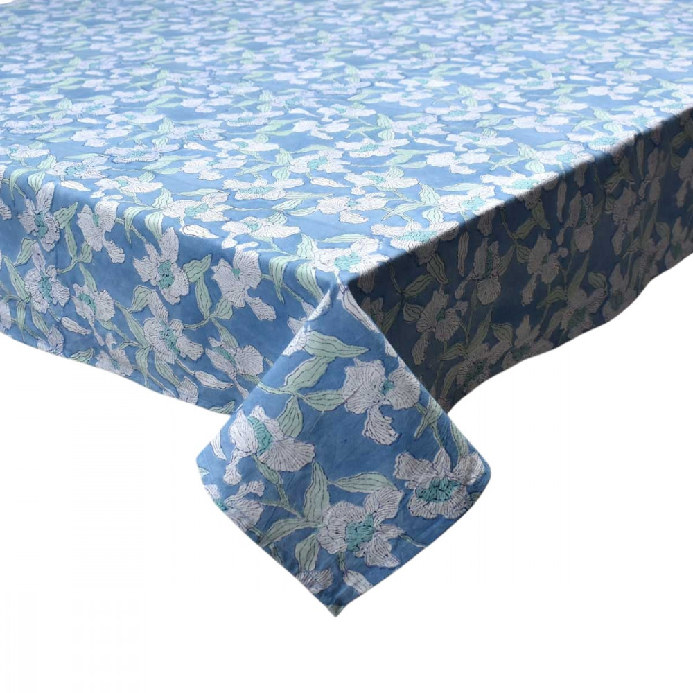 Image of Hand Block Printed Cotton Tablecloth 150x220 cms | Orchid Aqua 203890