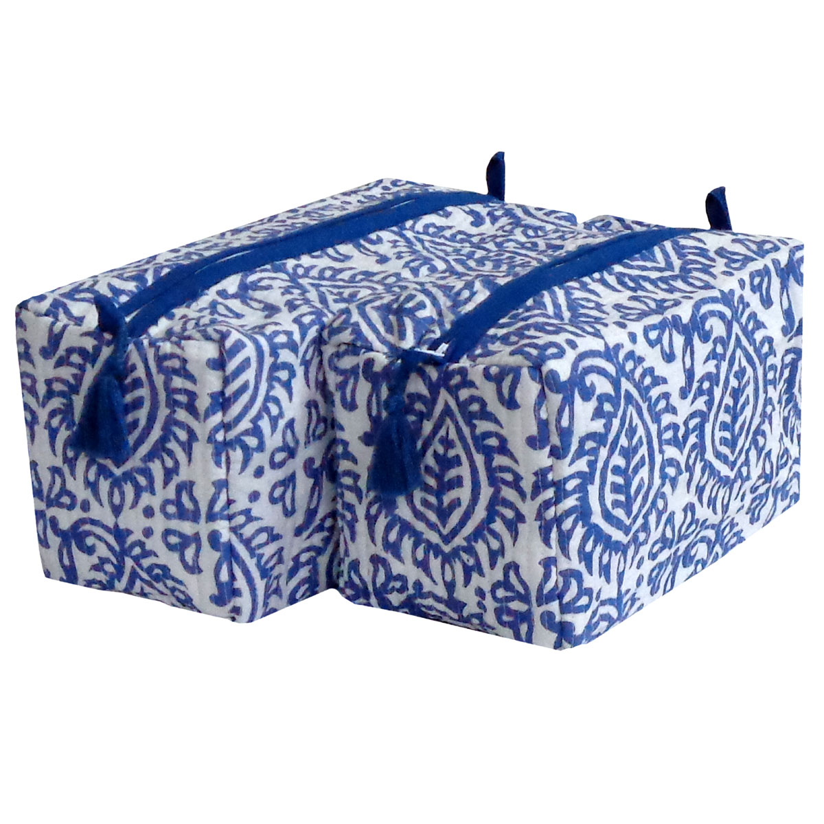 Hand Block Printed Cotton Quilted Cosmetic Bag Set of 2 Botanical Blue 208106