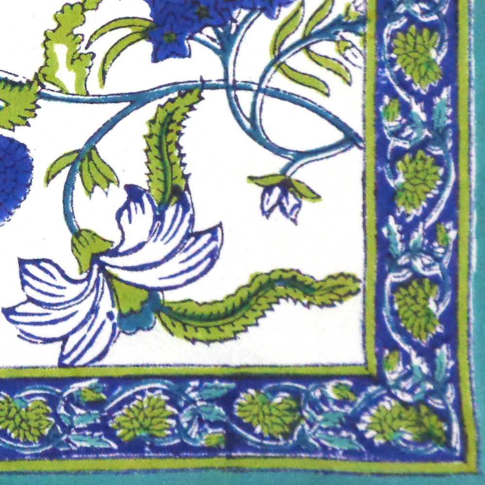 Hand Block Printed Cotton Canvas Table Mat 32x48 cms Set of 2 Table mats Flower Blossom Sea Green Open 100358