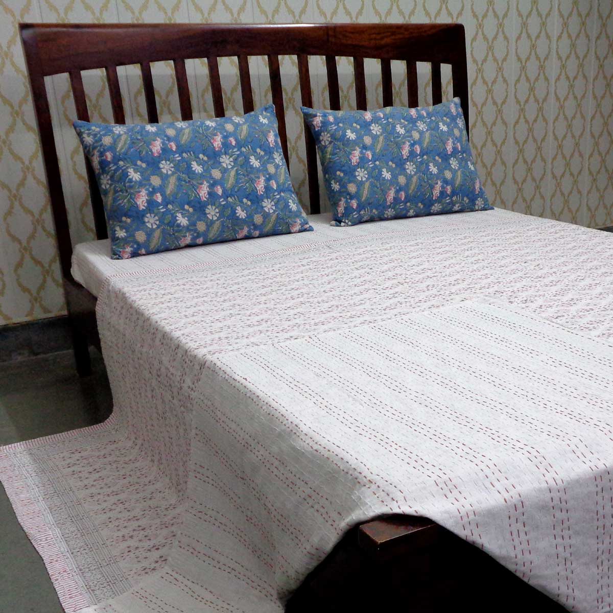 Hand Block Printed Cotton Sanganer Kantha Queen Size Booti Datta Pink 202063