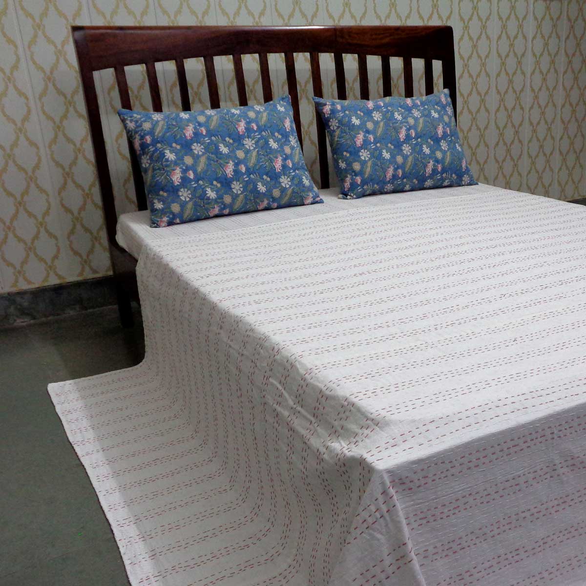 Hand Block Printed Cotton Sanganer Kantha Queen Size Booti Datta Pink 202063