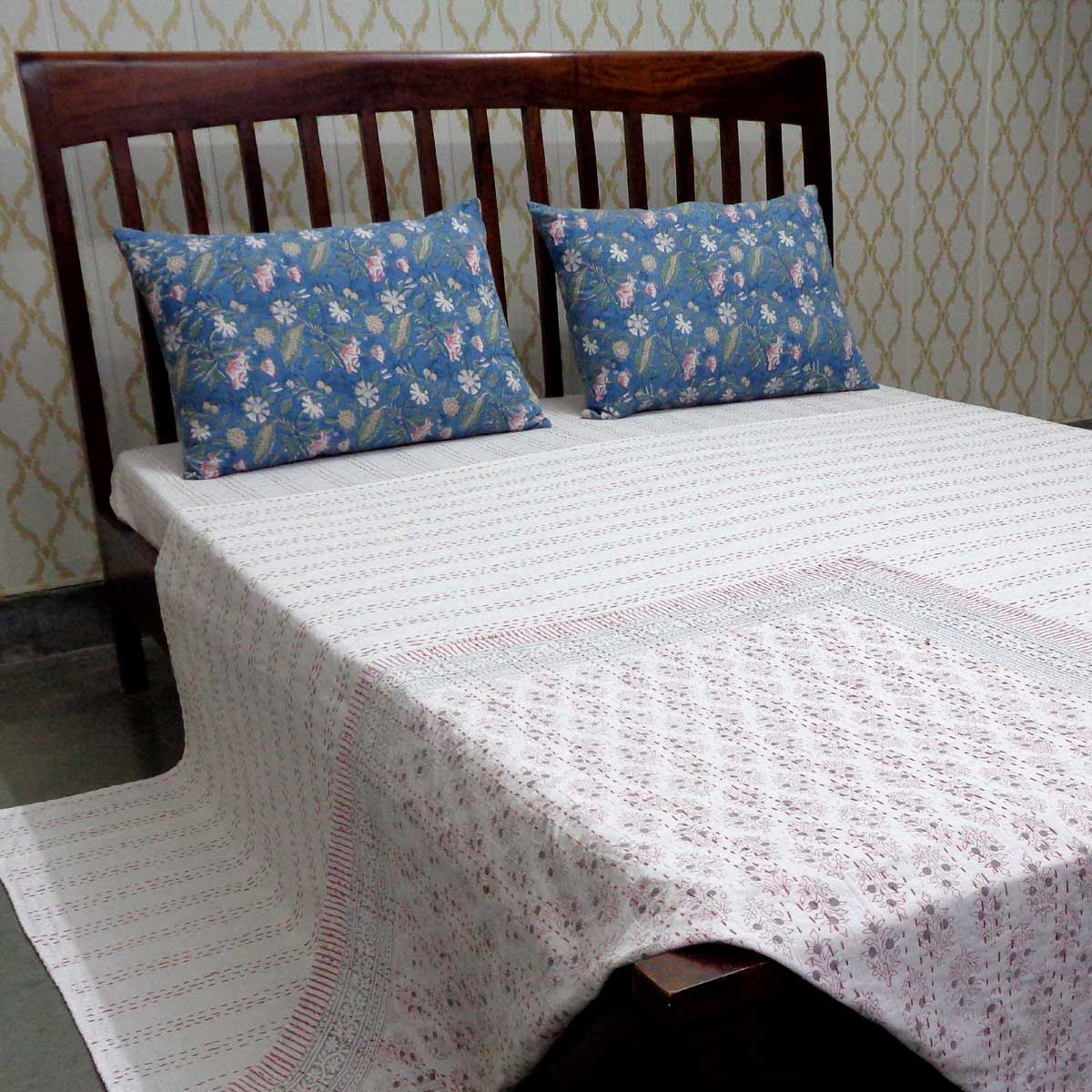 Hand Block Printed Cotton Sanganer Kantha Queen Size Booti Datta Pink 202063