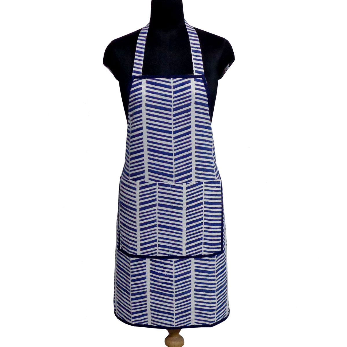 Indian Block-Printed 100 Cotton Apron Herringbone Blue 100468
