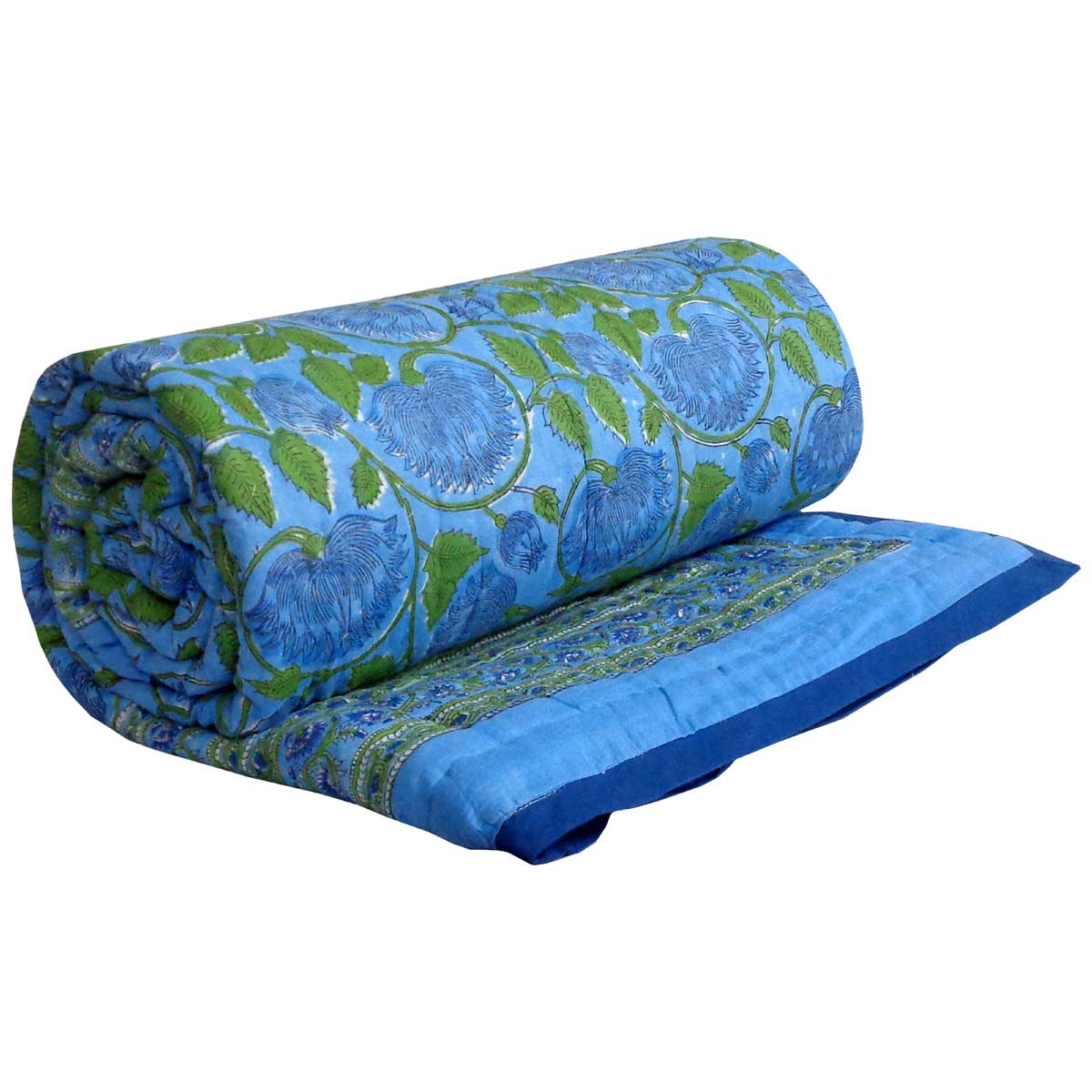 Hand Block Printed Cotton Twin Size Quilt Kamal Aqua 102028