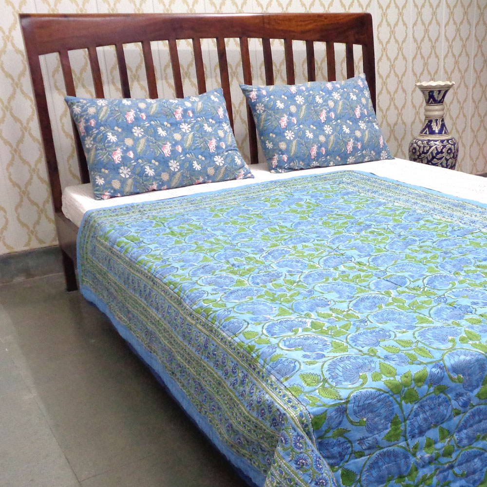 Hand Block Printed Cotton Twin Size Quilt Kamal Aqua 102028
