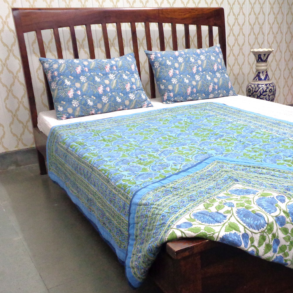 Hand Block Printed Cotton Twin Size Quilt Kamal Aqua 102028