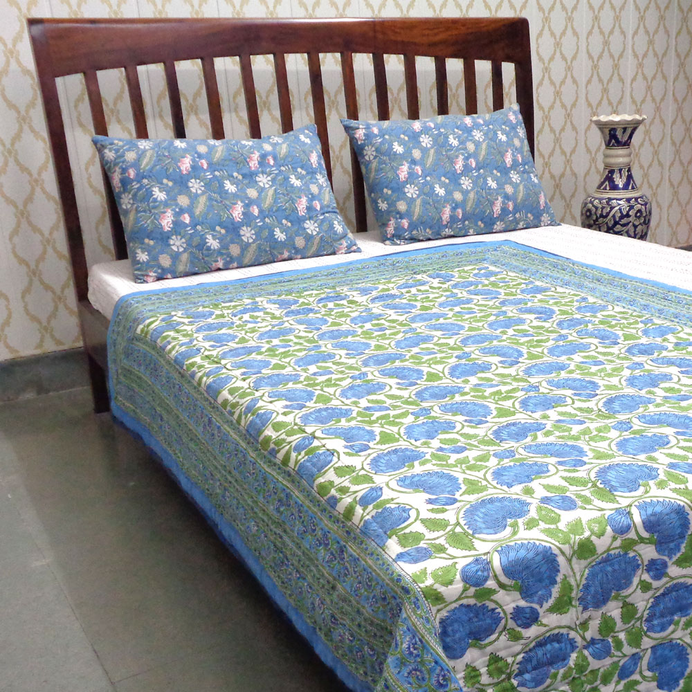 Hand Block Printed Cotton Twin Size Quilt Kamal Aqua 102028