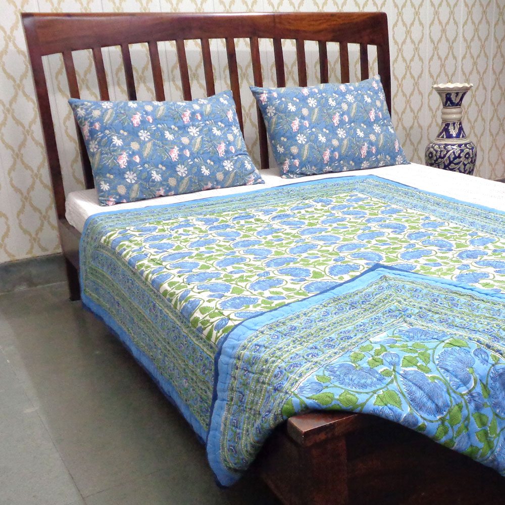 Hand Block Printed Cotton Twin Size Quilt Kamal Aqua 102028