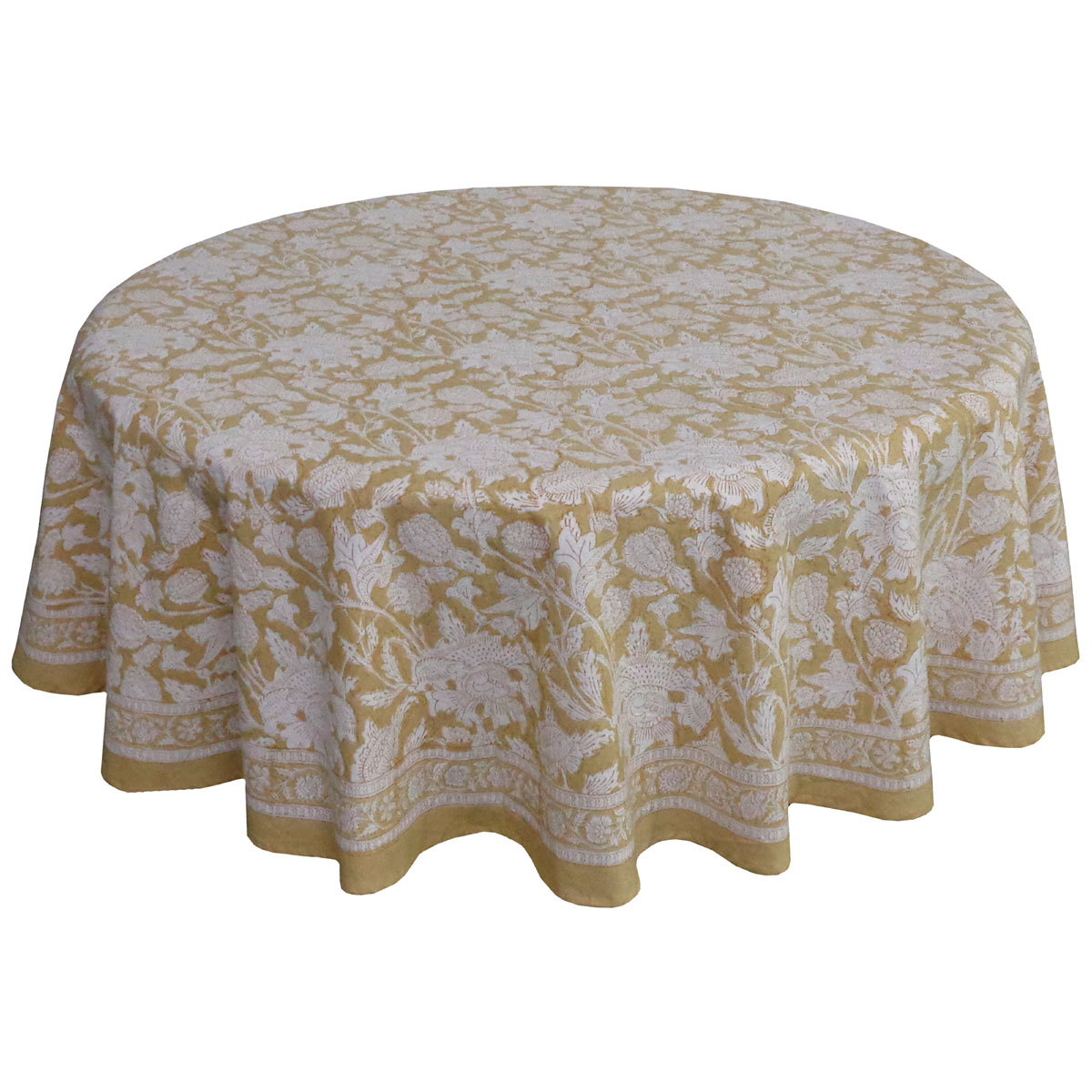 Hand Block Printed Cotton Round Tablecloth 150 cms Amarnath Beige Gud 207851
