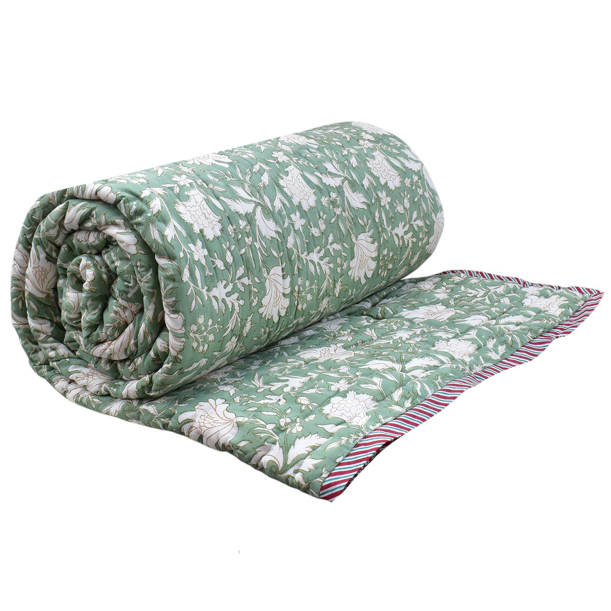 Hand Block Printed Cotton Queen Size Quilt  White Green Flower 202215