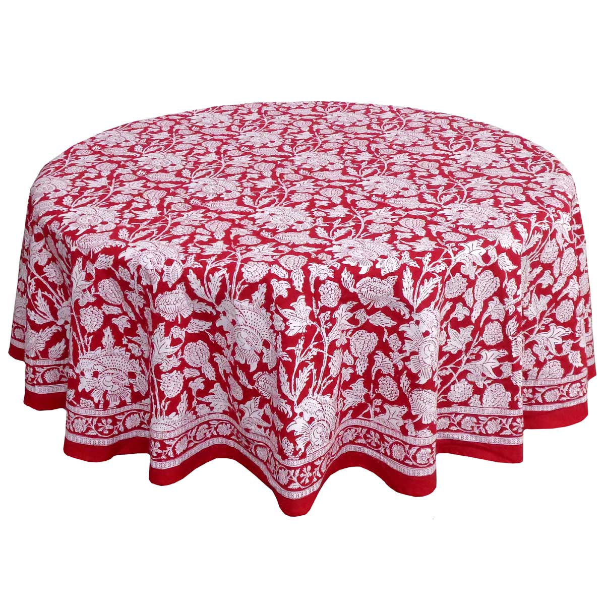 Hand Block Printed Cotton Round Tablecloth 220 cms Amarnath Rococco Red 200196