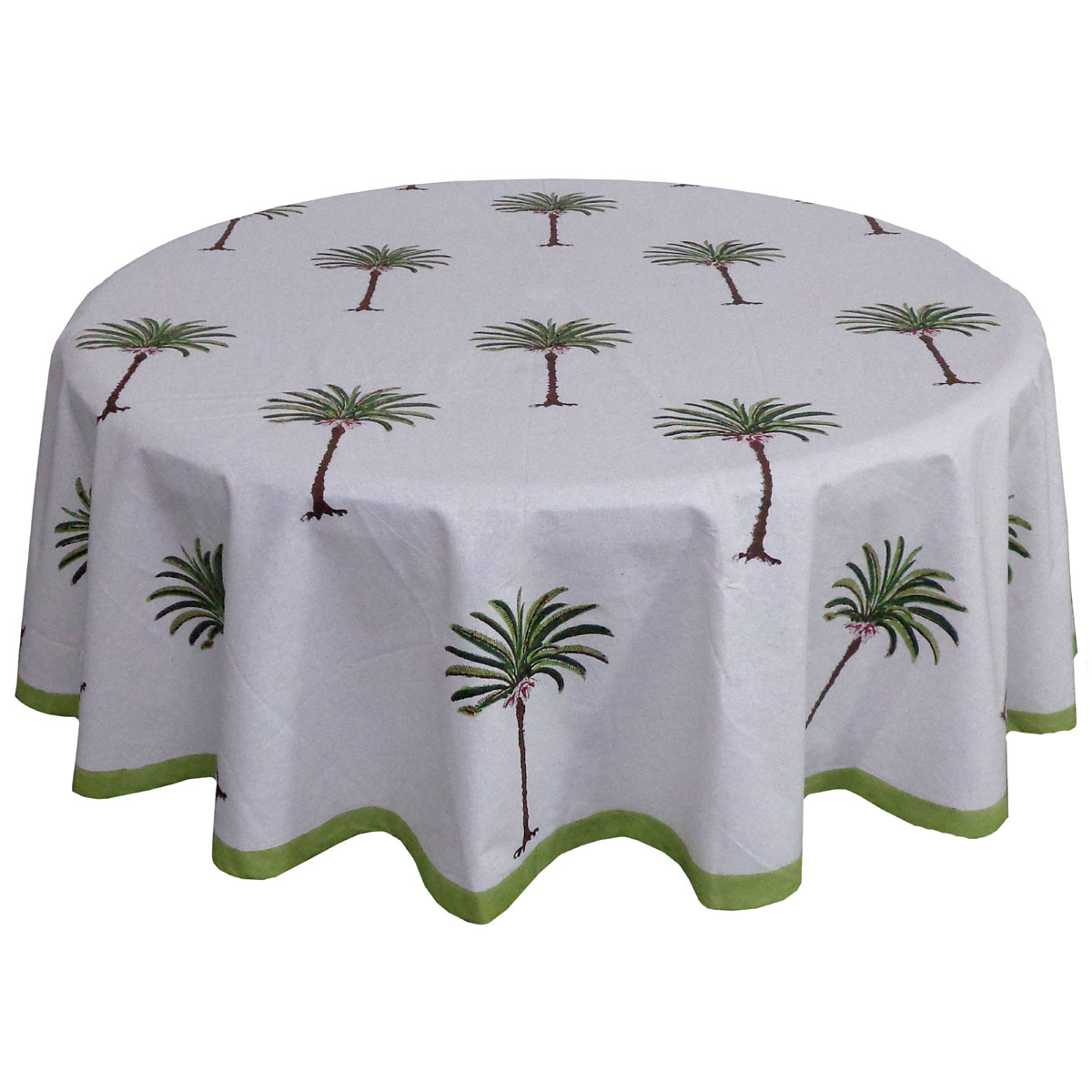 Hand Block Printed Cotton Round Tablecloth 180 cms Palm Tree Green 109024
