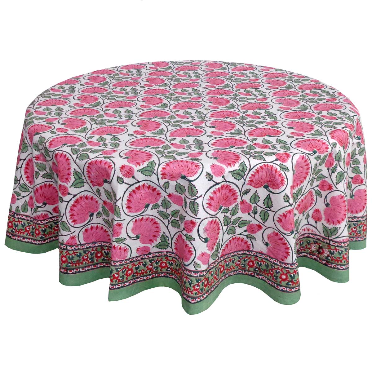 Hand Block Printed Cotton Round Tablecloth 220 cm  Kamal Gulabi Open 103739