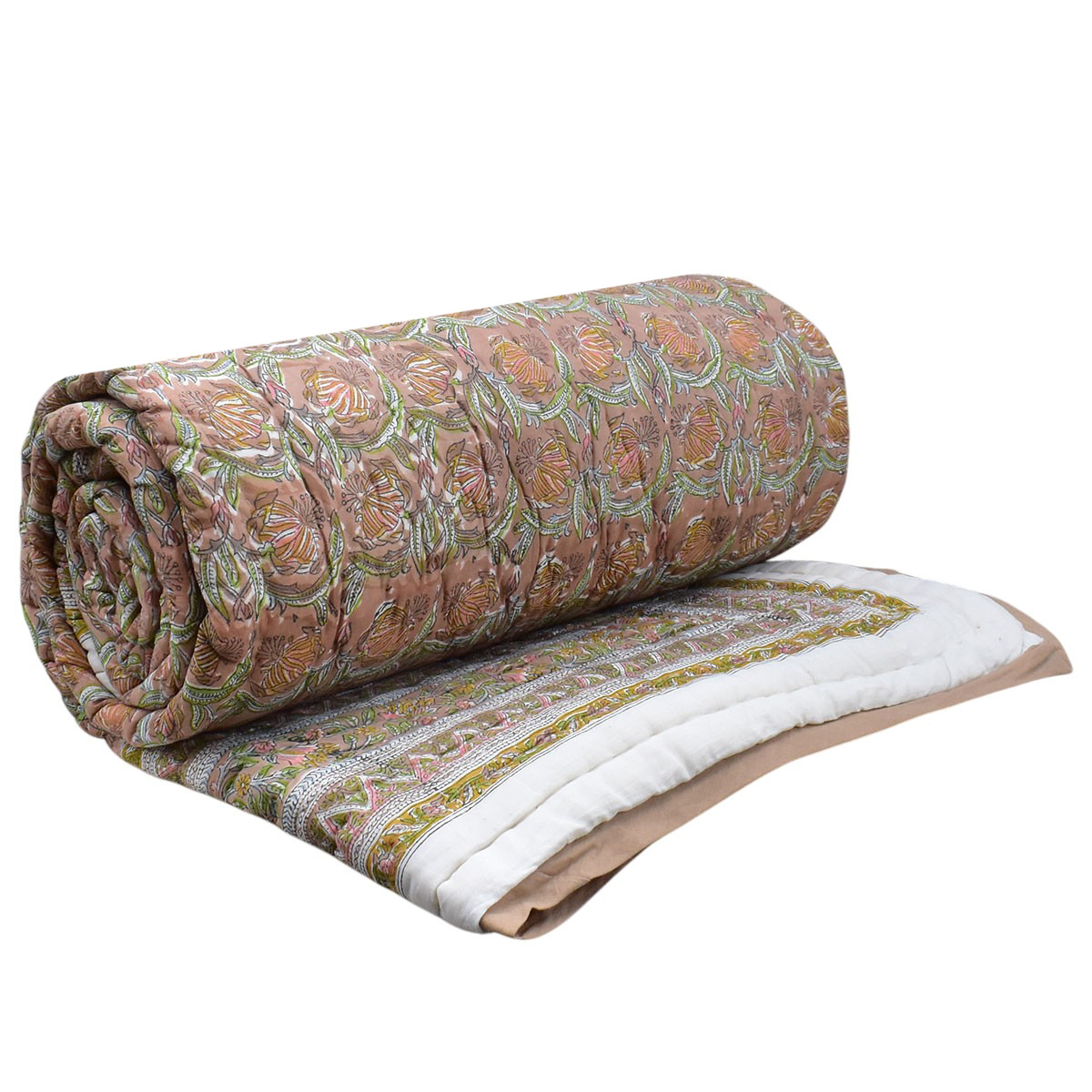 Hand Block Printed Cotton Queen Size Quilt  Frost Martini Floral 202219