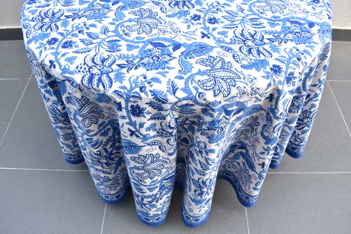 Hand Block Printed Cotton Round Tablecloth 220 cm Anarkali Blue Open 106795