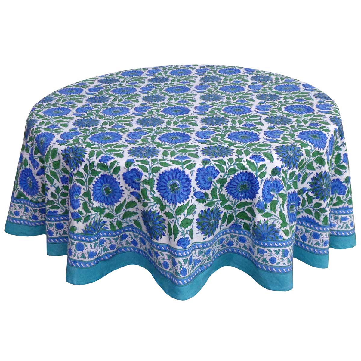 Hand Block Printed Cotton Round Tablecloth 150 cms Surajmukhi Blue Open 207560