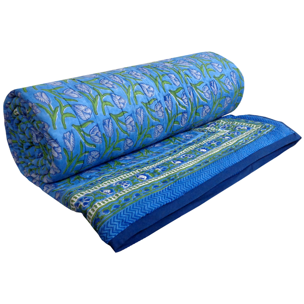 Hand Block Printed Cotton Quilt King Size  Blue Tulip 601675
