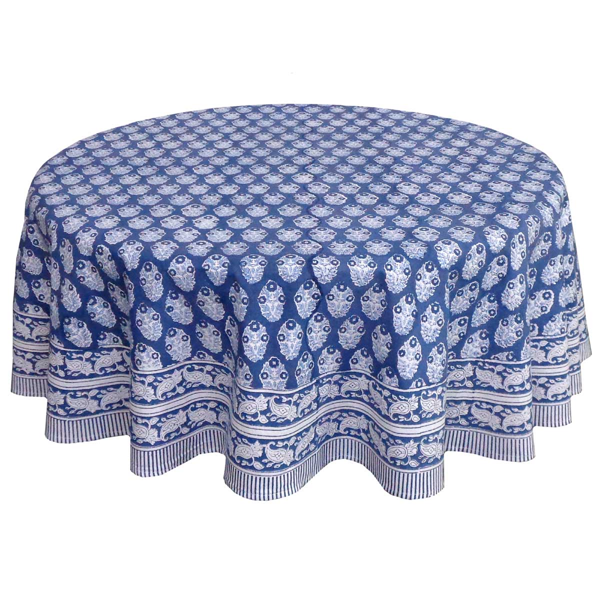 Hand Block Printed Cotton Round Tablecloth 180 cms  Boota Aster Blue 202504