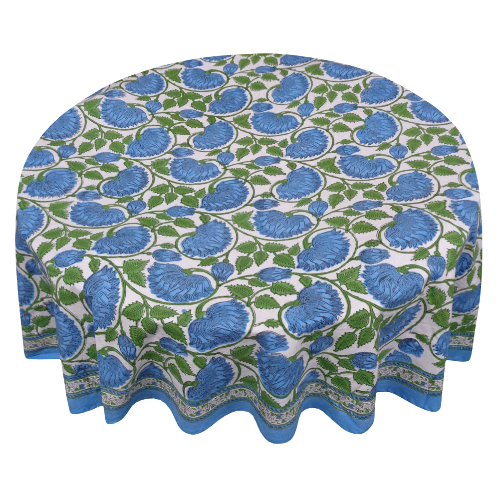 Hand Block Printed Cotton Round Tablecloth 220 cms Kamal Aqua Open 106099