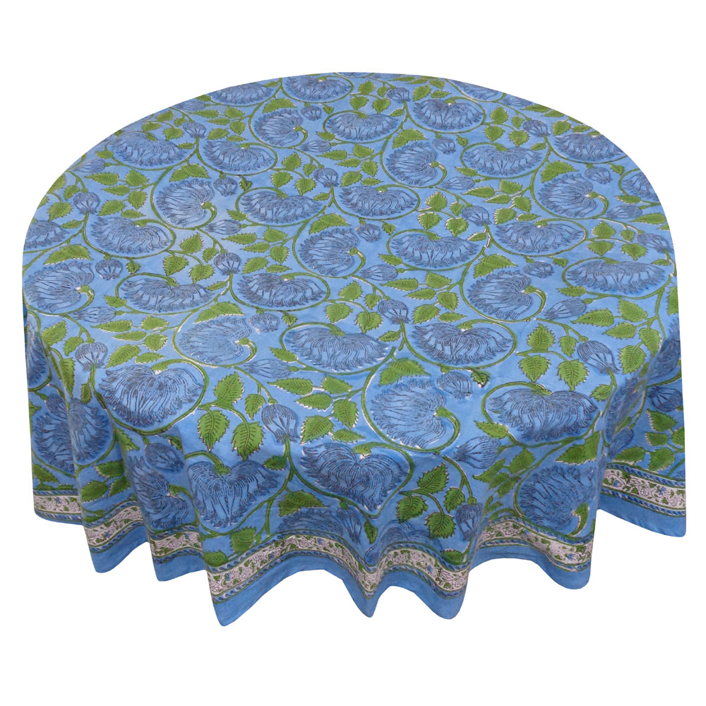 Hand Block Printed Cotton Round Tablecloth 180 cms Kamal Aqua Gud 106055