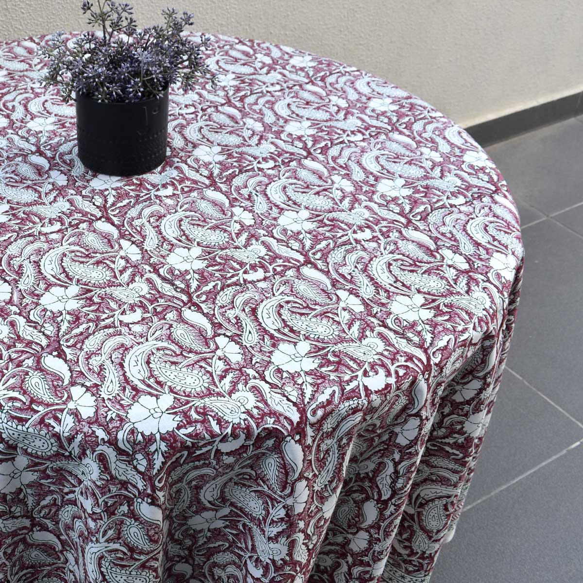 Hand Block Printed Cotton Round Tablecloth 220 cms Paisley Rose Vine 504851