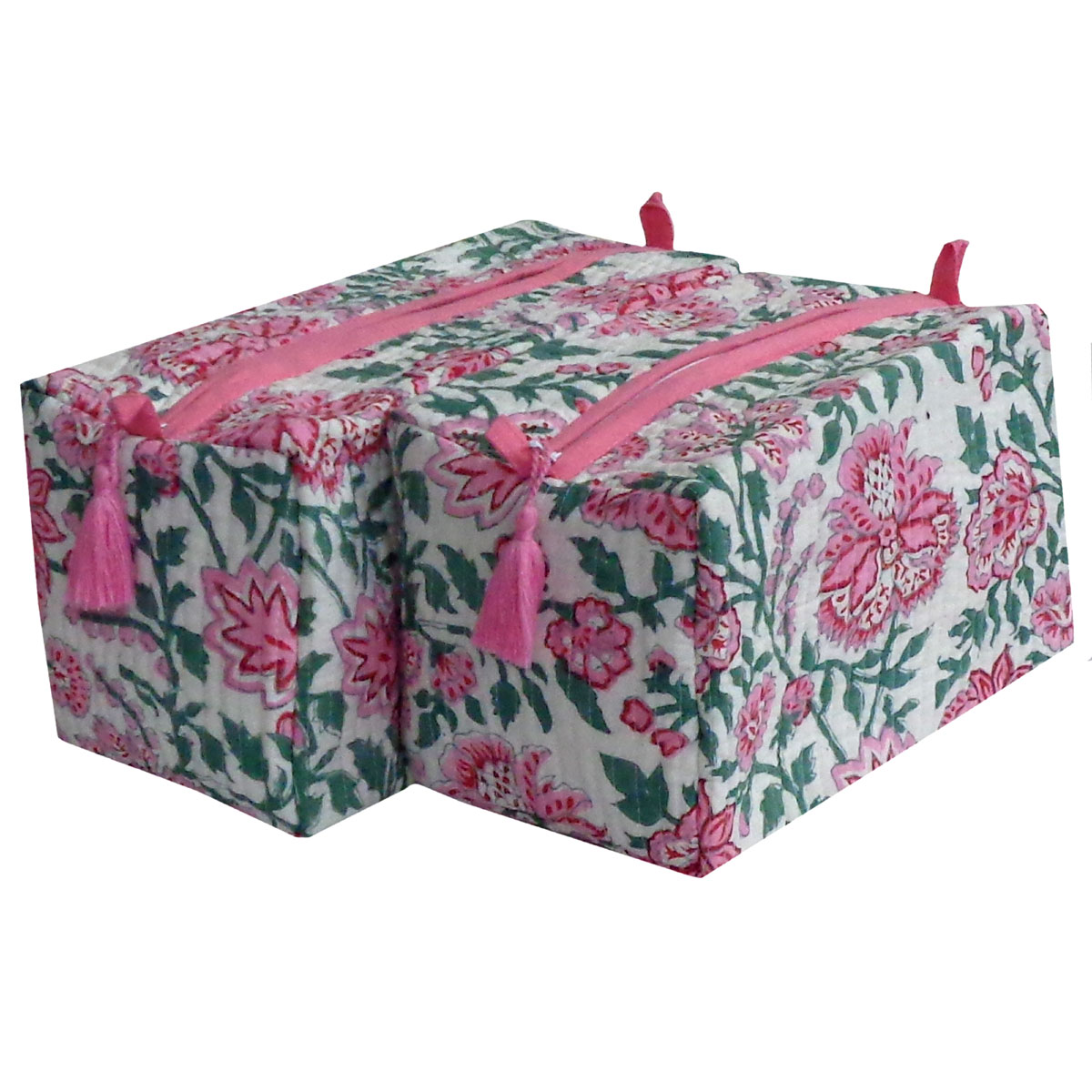 Hand Block Printed Cotton Quilted Cosmetic Bag Set of 2 Mohini Green Open 620606