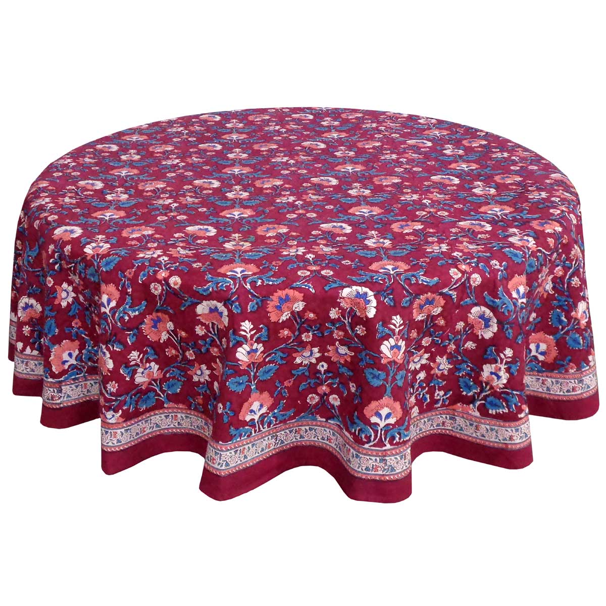 Hand Block Printed Cotton Round Tablecloth 180 cm  Rukhsana Maroon Gud 105823