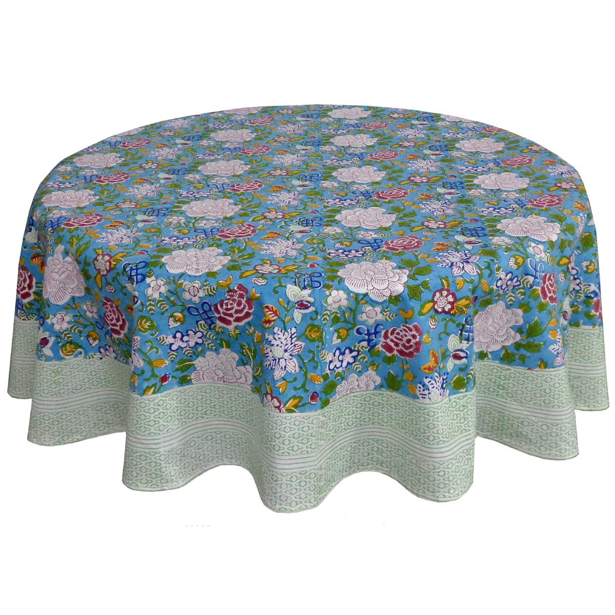 Hand Block Printed Cotton Round Tablecloth 275 cms Floral Canvas Blue Jade Gud 204988