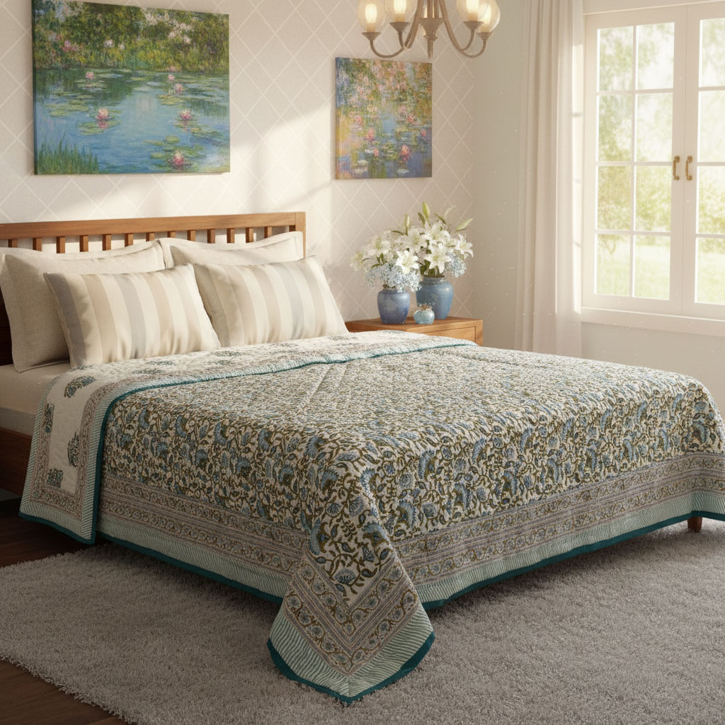 Hand Block Printed Cotton Queen Size Quilt 202524