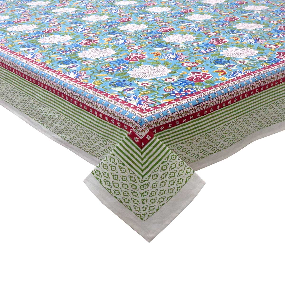 Hand Block Printed Cotton Tablecloth 150x220 cms Floral Canvas Blue Jade Gud 206865