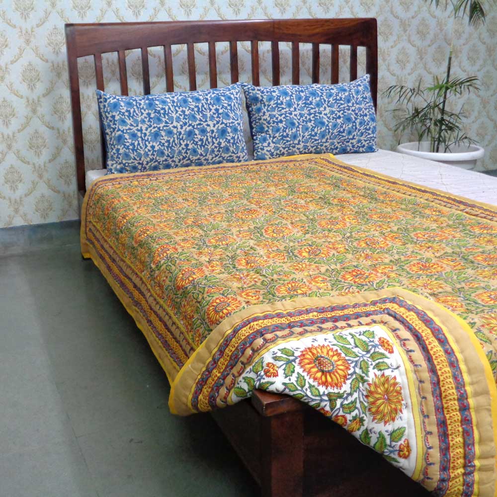 Hand Block Printed Cotton Twin Size Quilt Surajmukhi Canary Gud 102383