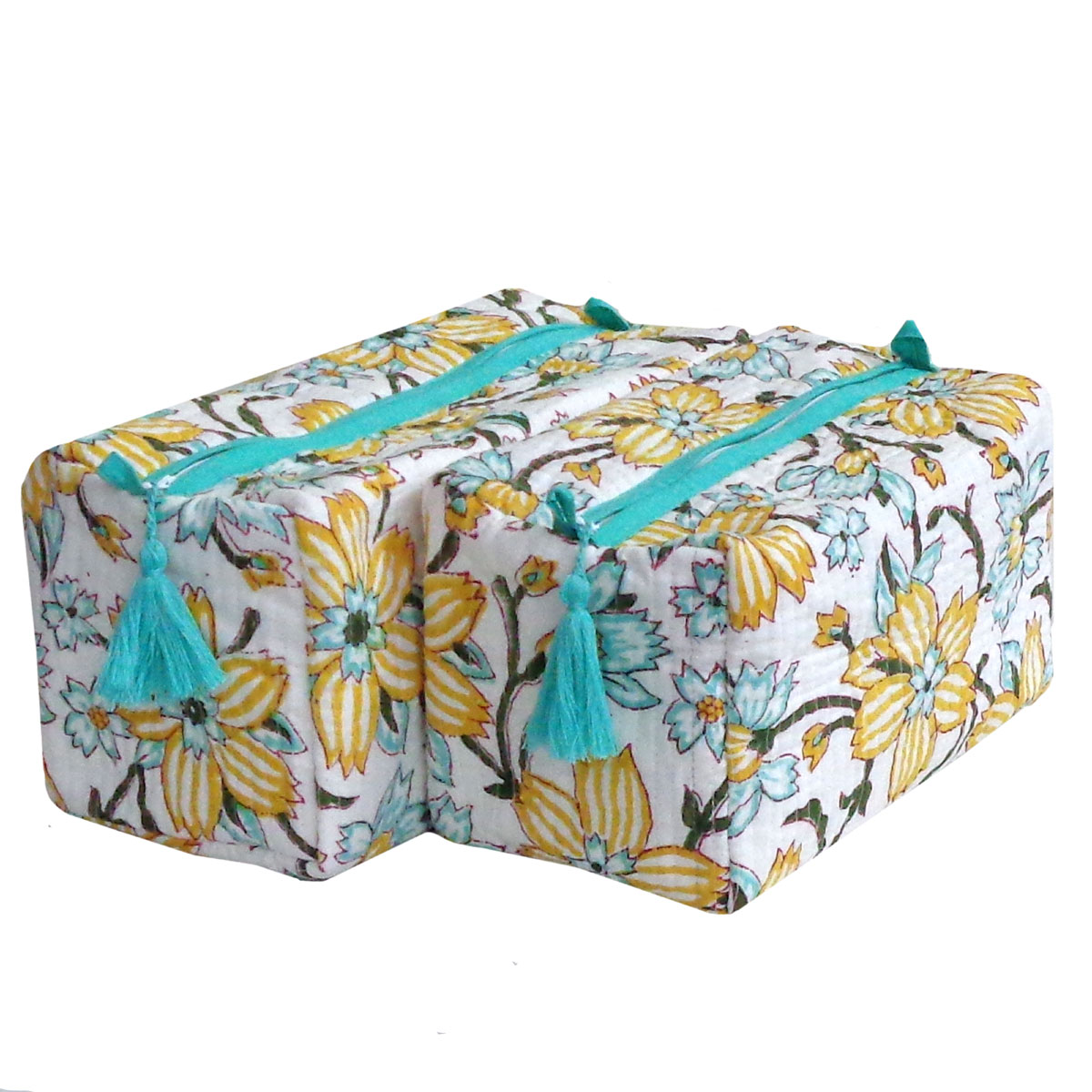 Hand Block Printed Cotton Quilted Cosmetic Bag Set of 2 Champa Kali 204564