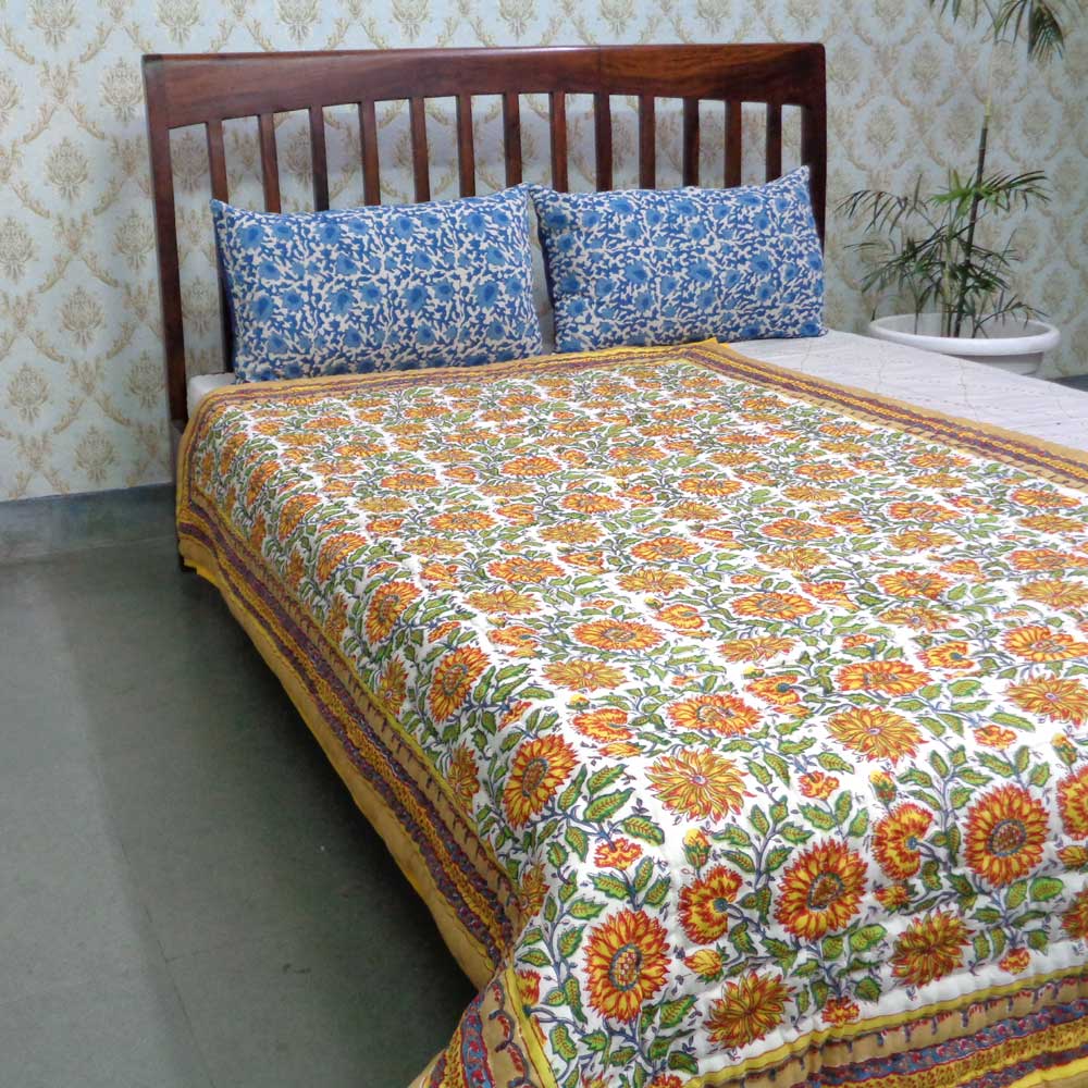 Hand Block Printed Cotton Twin Size Quilt  Surajmukhi Canary Gud 102383