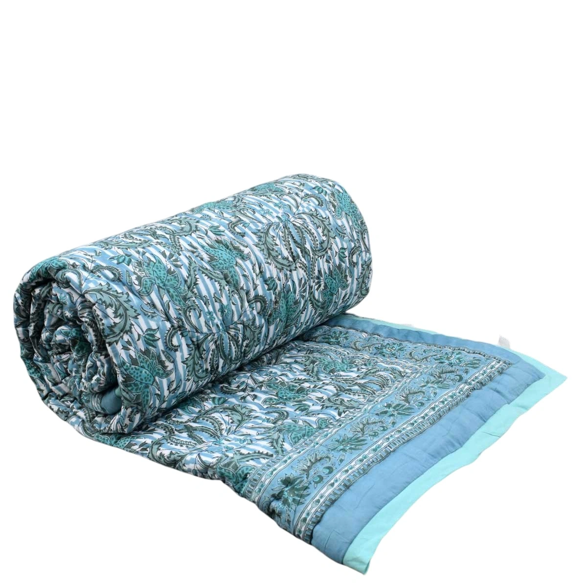 Hand Block Printed Cotton Twin Size Quilt Casper Blue Bale 260125