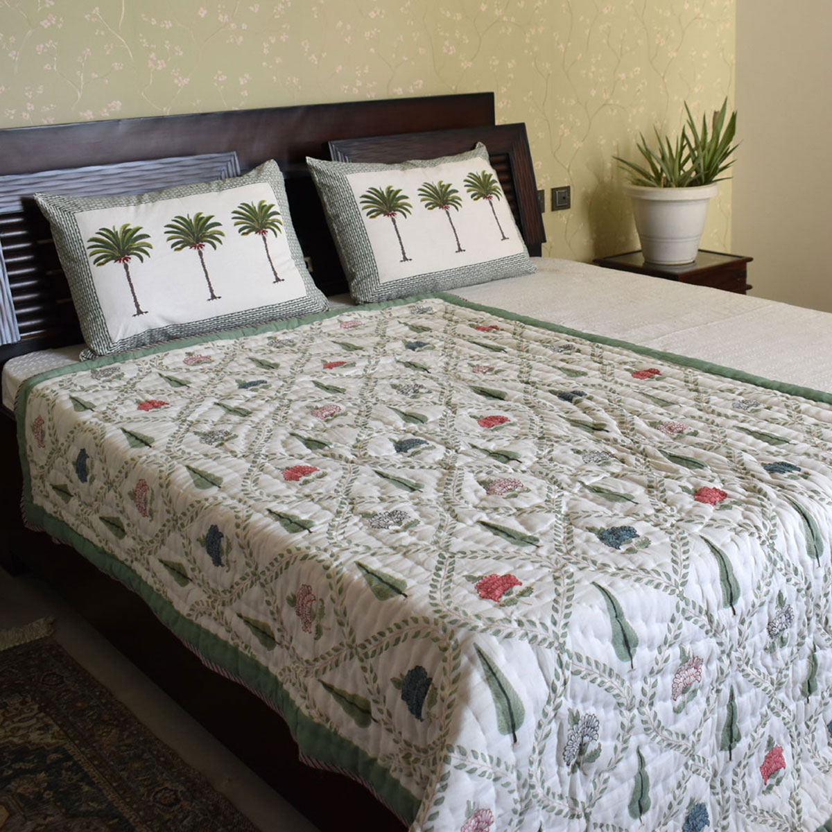 Hand Block Printed Cotton Twin Size Quilt  White Green Flower 202215