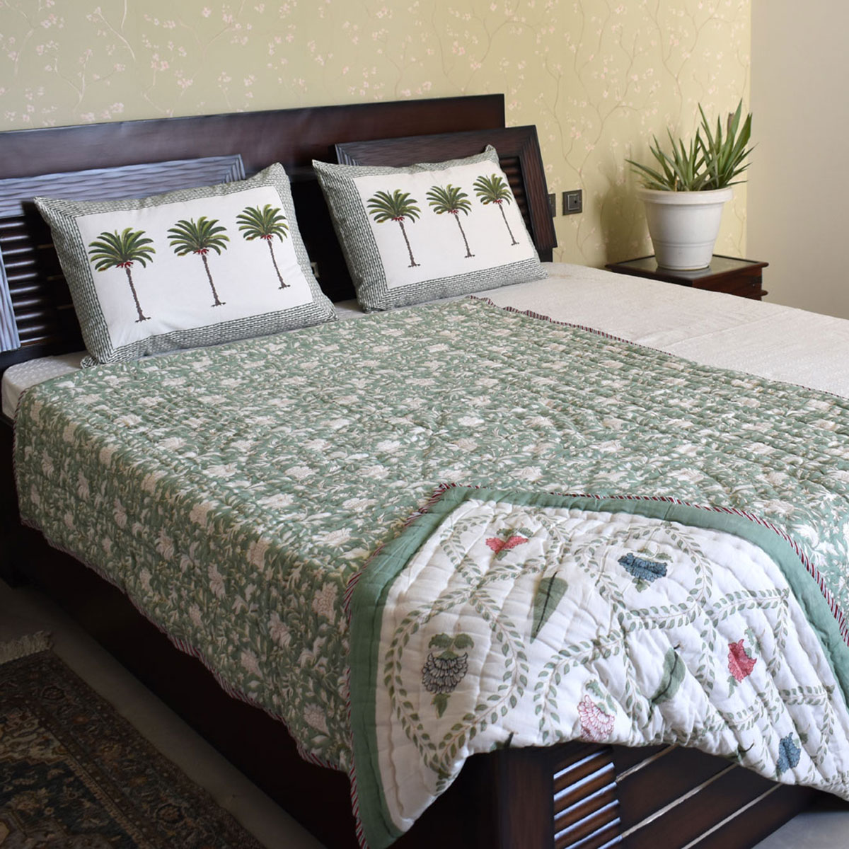 Hand Block Printed Cotton Twin Size Quilt  White Green Flower 202215