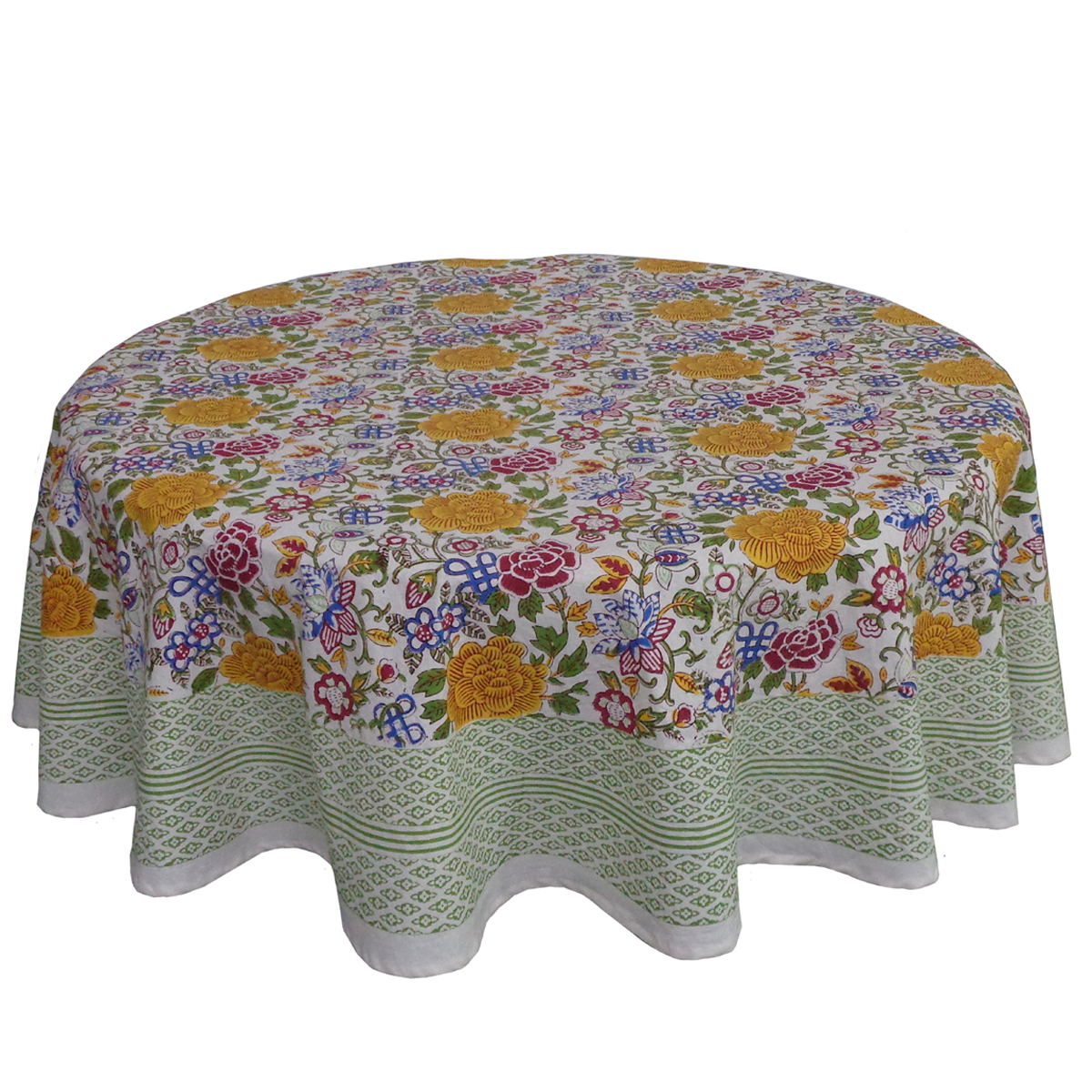 Hand Block Printed Cotton Round Tablecloth 180 cms Floral Canvas Blue Jade Open 106816
