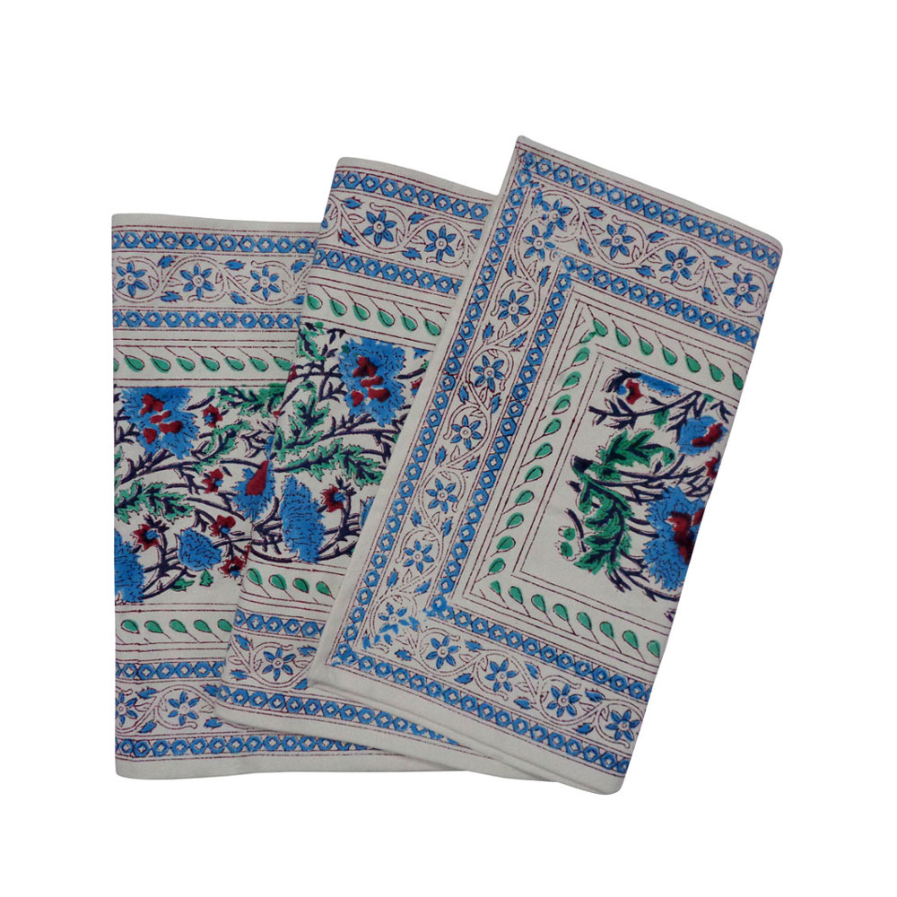 Hand Block Printed Cotton Canvas Table Runner 33x170 cms Bush Flower Blue Open 207926