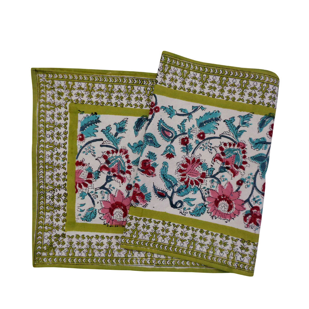 Hand Block Printed Cotton Canvas Table Runner 33x120 cms Phuljhari Olive Open 207933