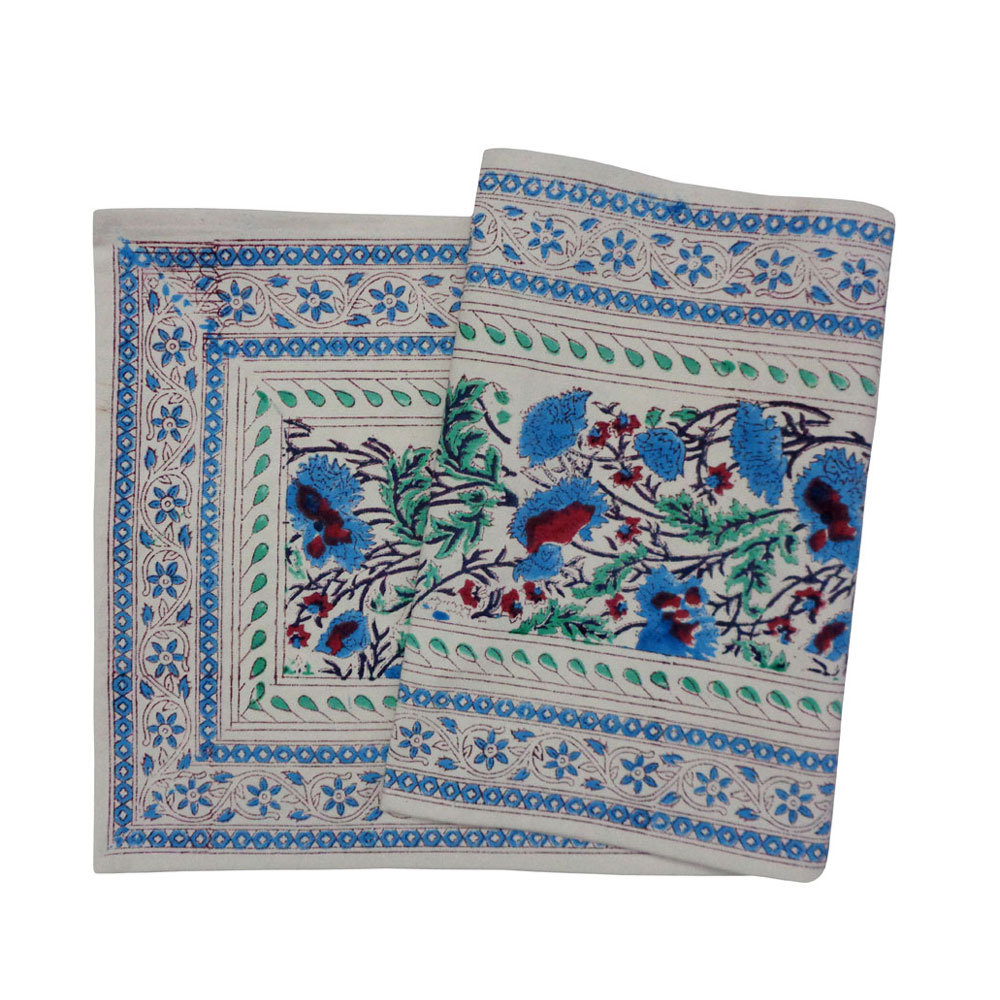 Hand Block Printed Cotton Canvas Table Runner 33x120 cms Bush Flower Blue Open 207935