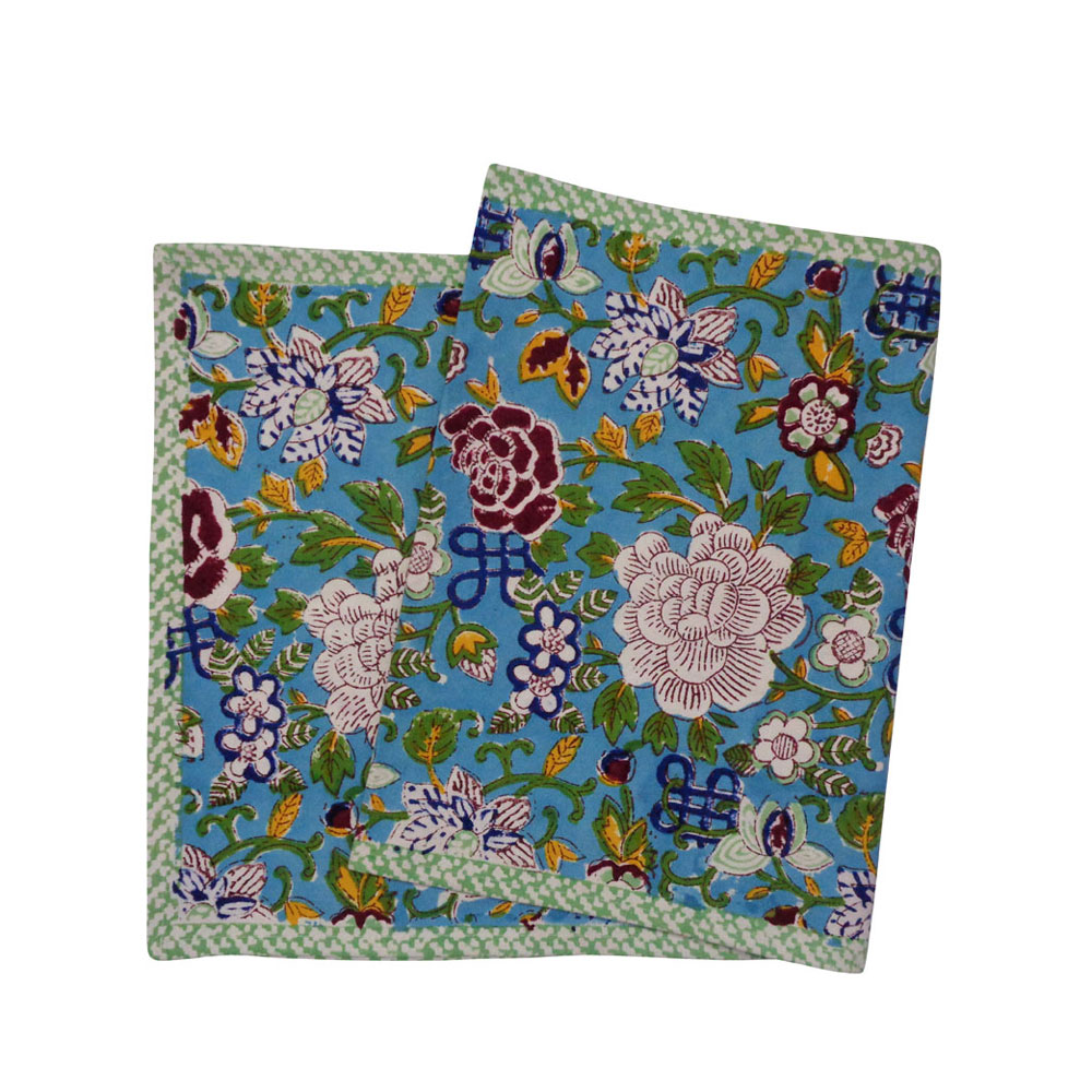 Hand Block Printed Cotton Canvas Table Runner 33x120 cms Floral Canvas Blue Jade Gud 206865