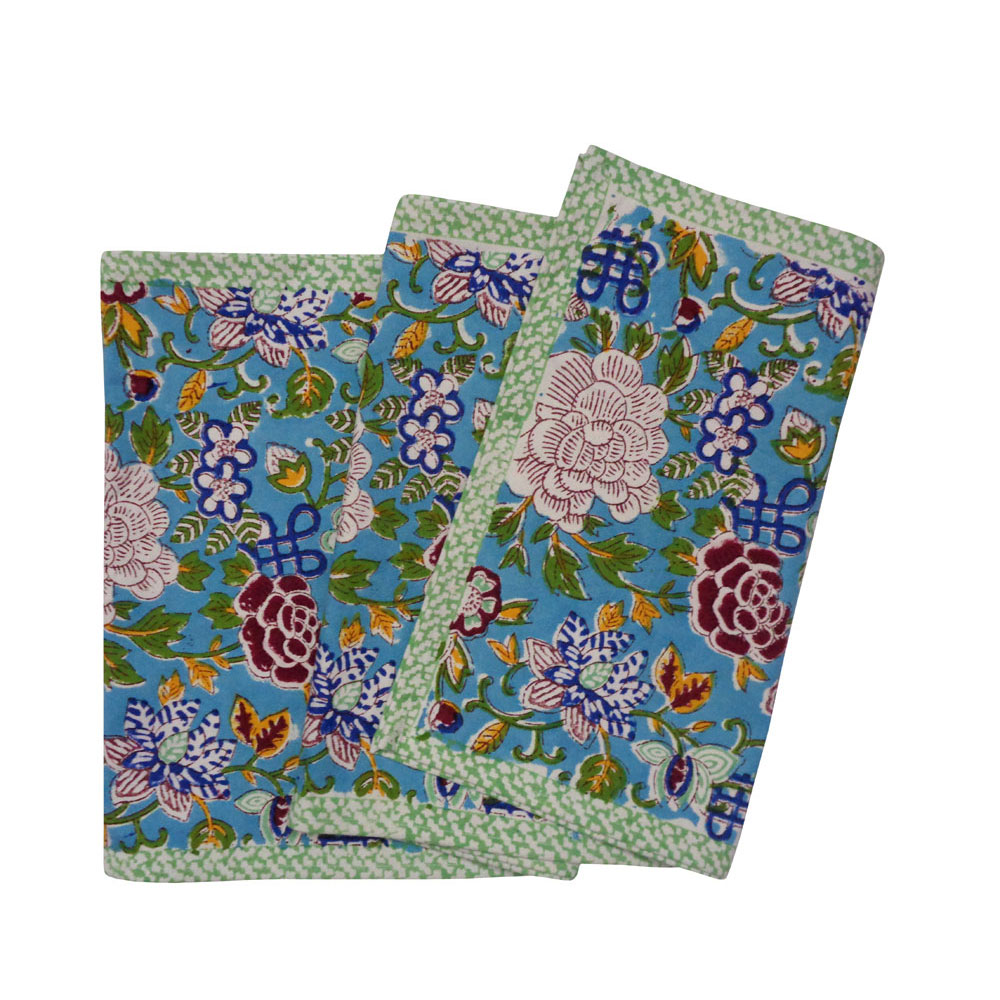Hand Block Printed Cotton Canvas Table Runner 33x170 cms Floral Canvas Blue Jade Gud 206865