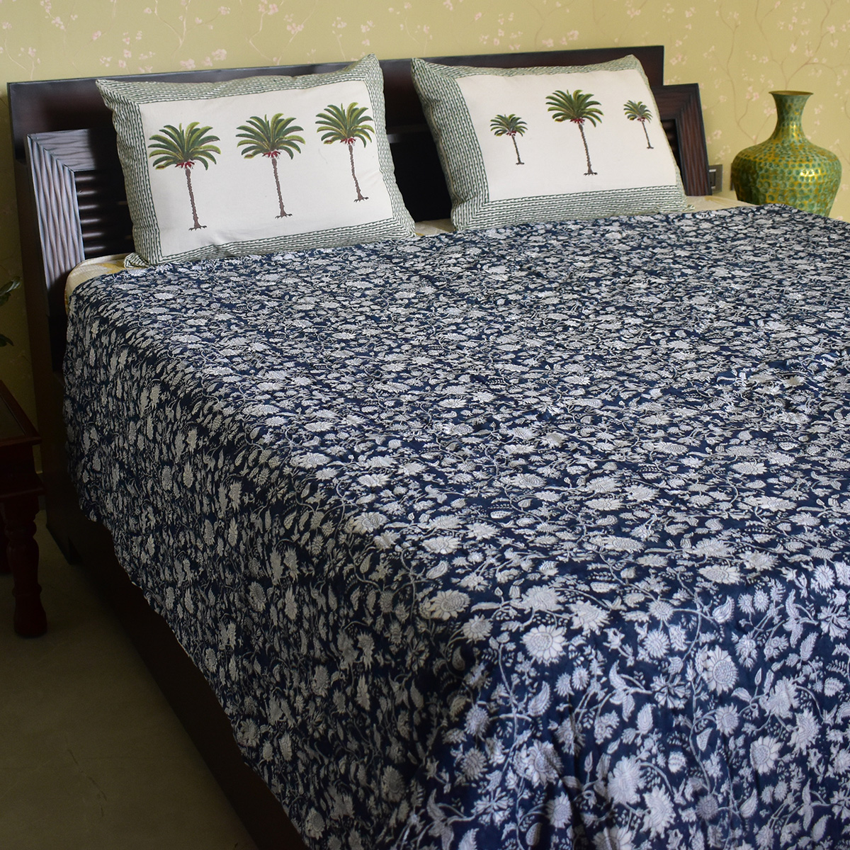 Hand Block Printed Cotton Queen Size Quilt  Astral Blue Flower 300437