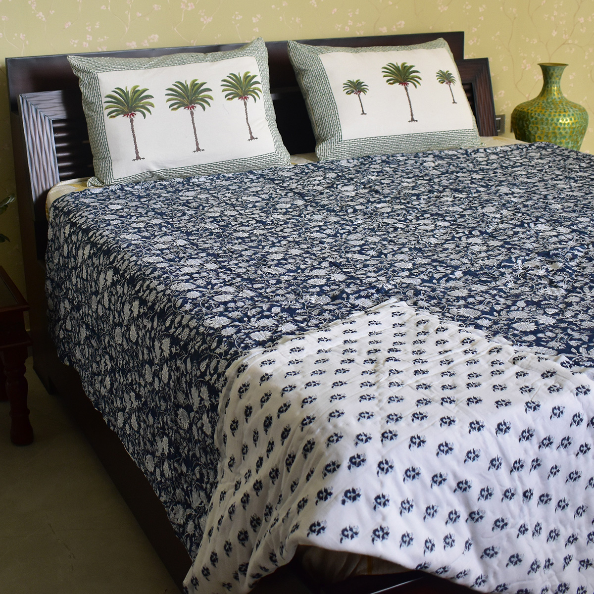 Hand Block Printed Cotton Queen Size Quilt  Astral Blue Flower 300437