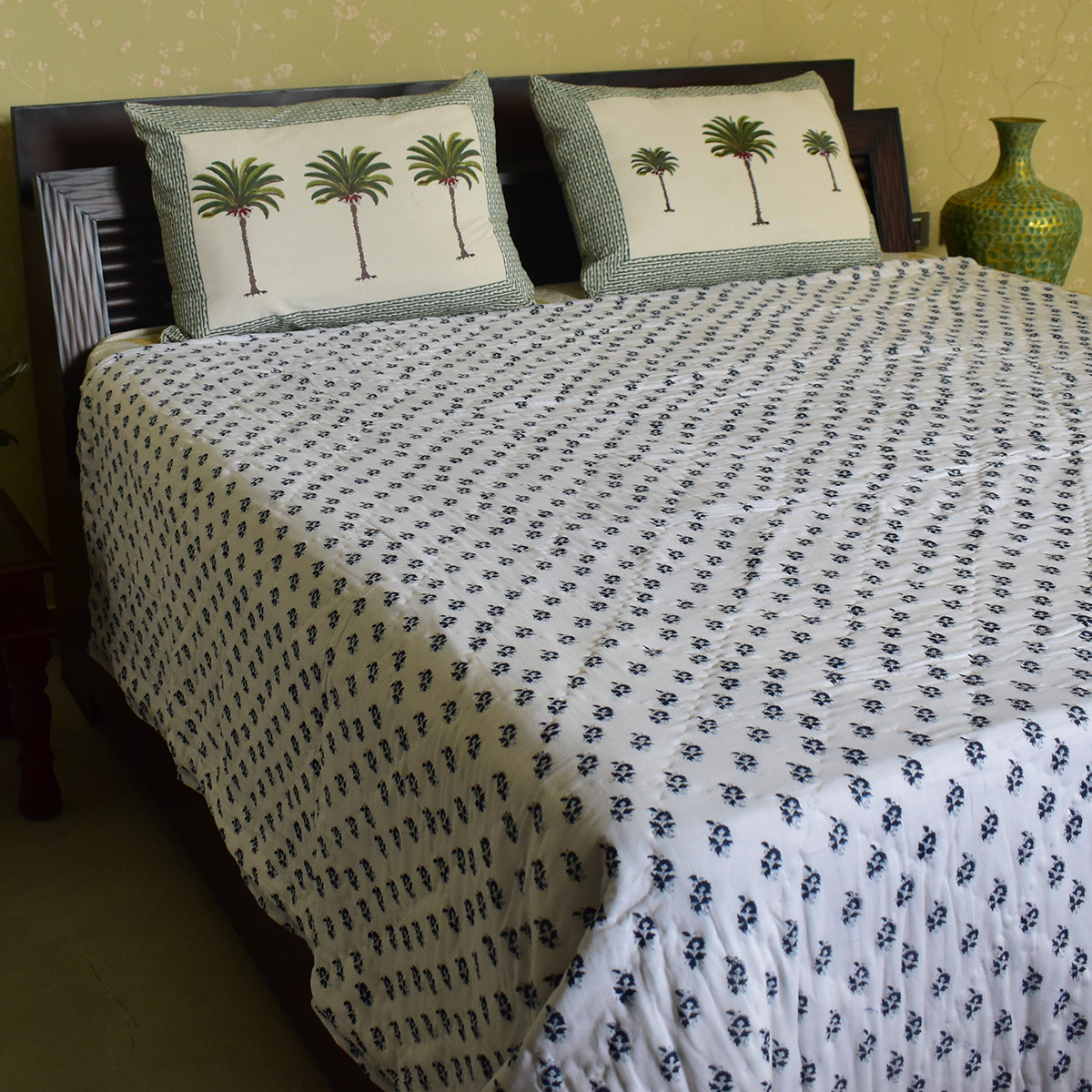 Hand Block Printed Cotton Queen Size Quilt  Astral Blue Flower 300437