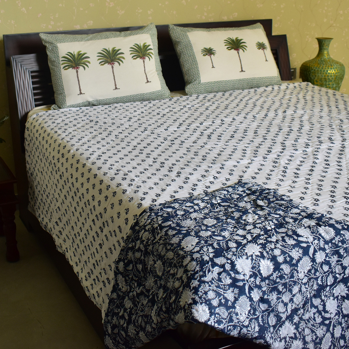 Hand Block Printed Cotton Queen Size Quilt  Astral Blue Flower 300437